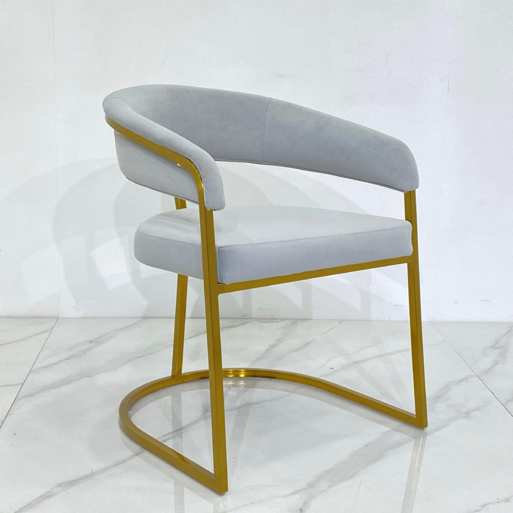 Dunia Dining Chair: (Light Grey and Gold Velvet Chair with Metal Arm)