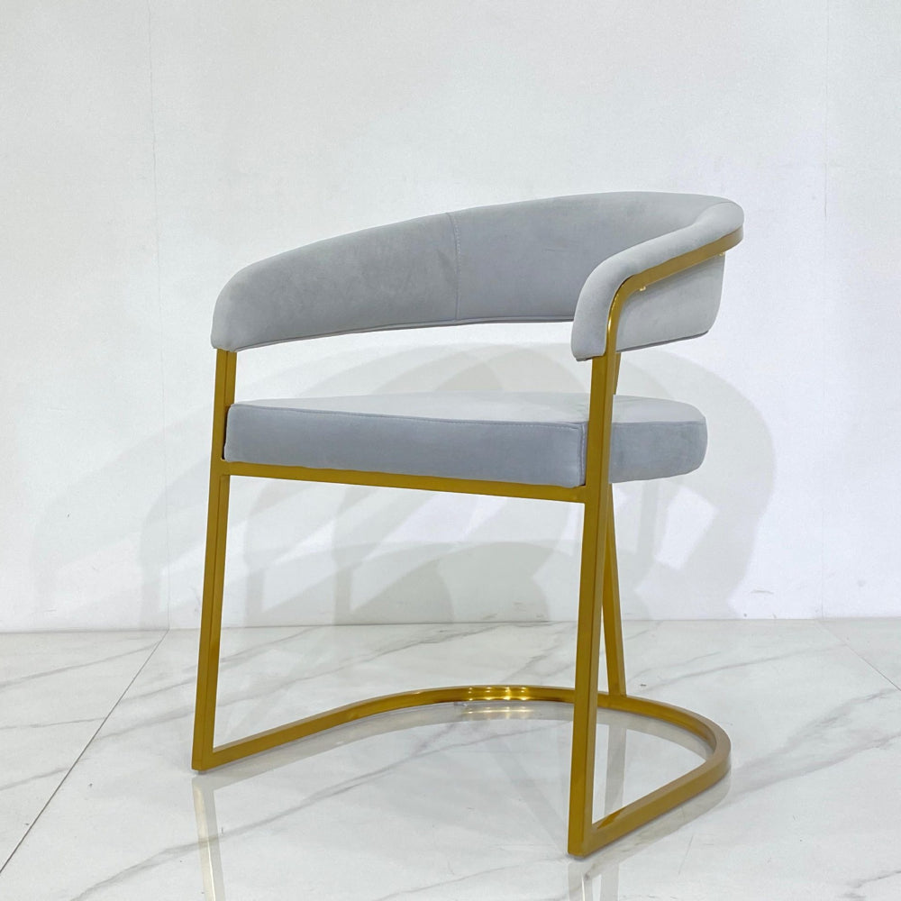 Dunia Dining Chair: (Light Grey and Gold Velvet Chair with Metal Arm)