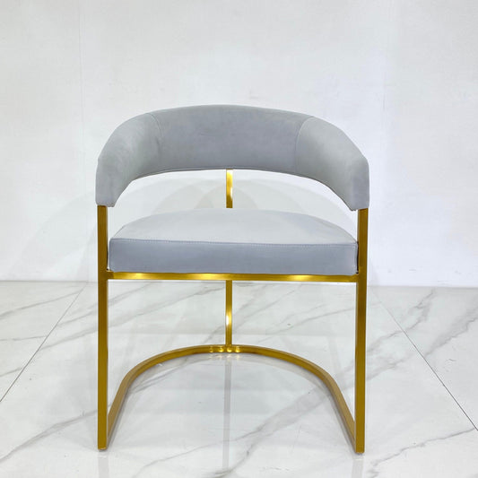 Dunia Dining Chair: (Light Grey and Gold Velvet Chair with Metal Arm)