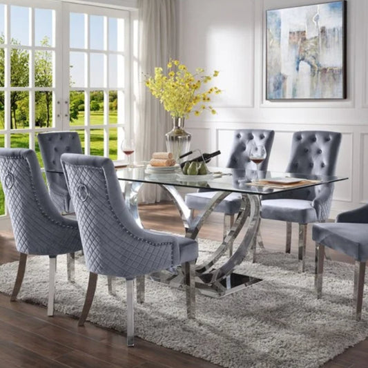 Finley Dining Table: (Clear Glass Top & Mirrored Silver Finish)