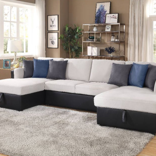 Merill Sectional Sofa: (Beige Fabric & Black Synthetic Leather)