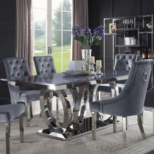 Modern Nasir Dining Table: (Gray Printed Faux Marble Top & Mirrored Silver Finish)