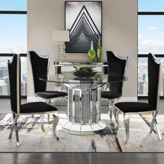 Noralie Dining Table: (Clear Glass Top & Mirrored & Faux Diamonds)