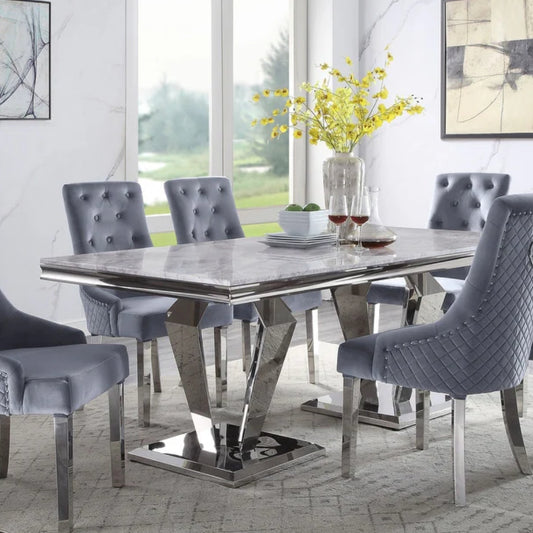Satinka Dining Table: (Light Gray Printed Faux Marble Top & Mirrored Silver Finish)