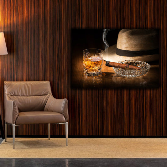 Wall Art with Image of Cuban Tobacco, Whiskey Glass, and Hat (Acrylic or Tempered Glass)