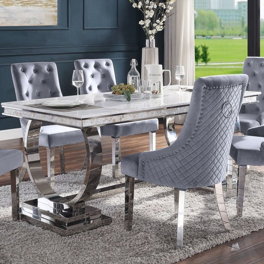Zander Dining Table: (White Printed Faux Marble Top & Mirrored Silver Finish)