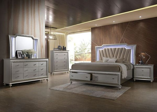 Kaitlyn Queen Bed: (Synthetic Leather & Champagne Finish)